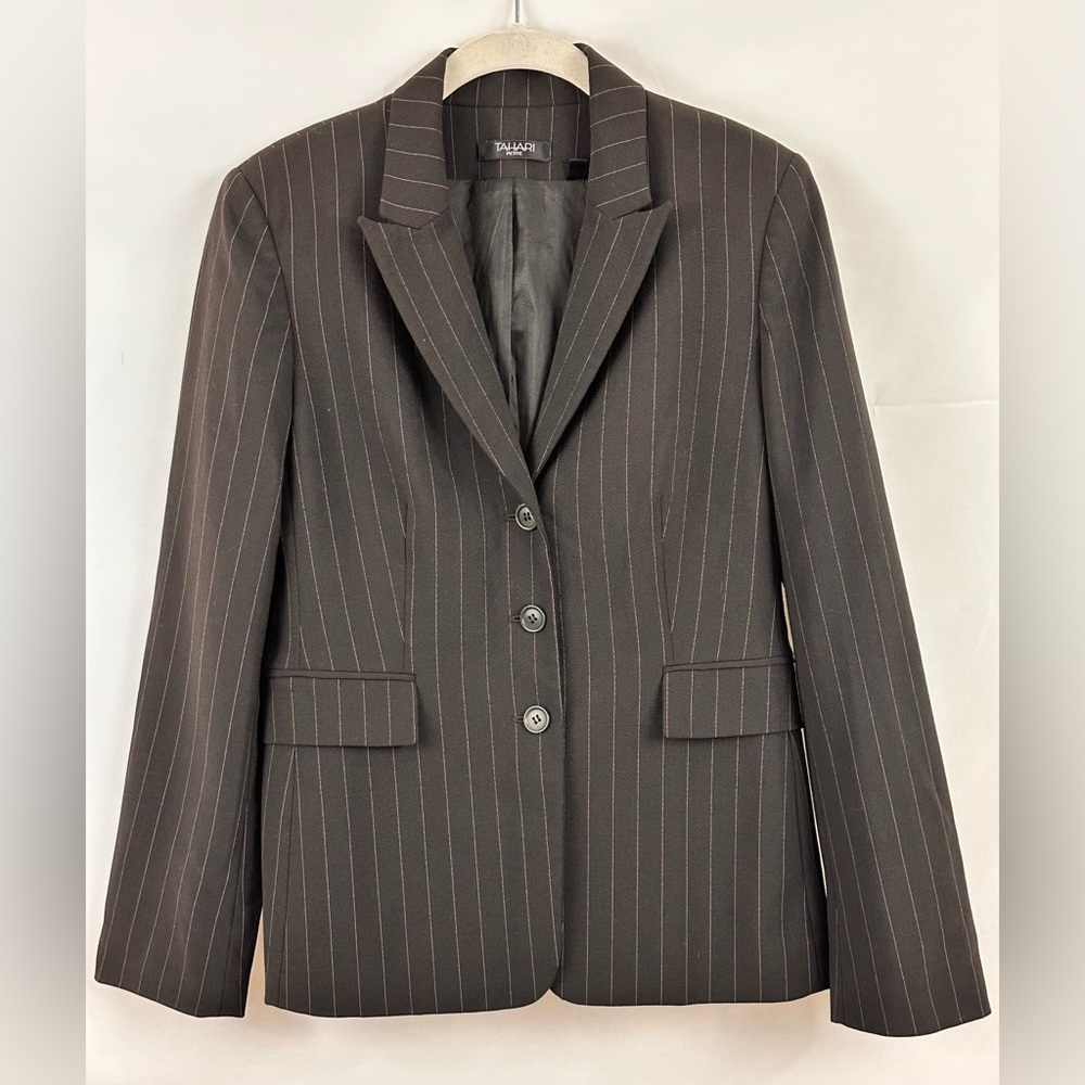 Tahari Petite Dark Brown Pinstripe 3 Button  Wool Blend Suit Coat/Blazer…